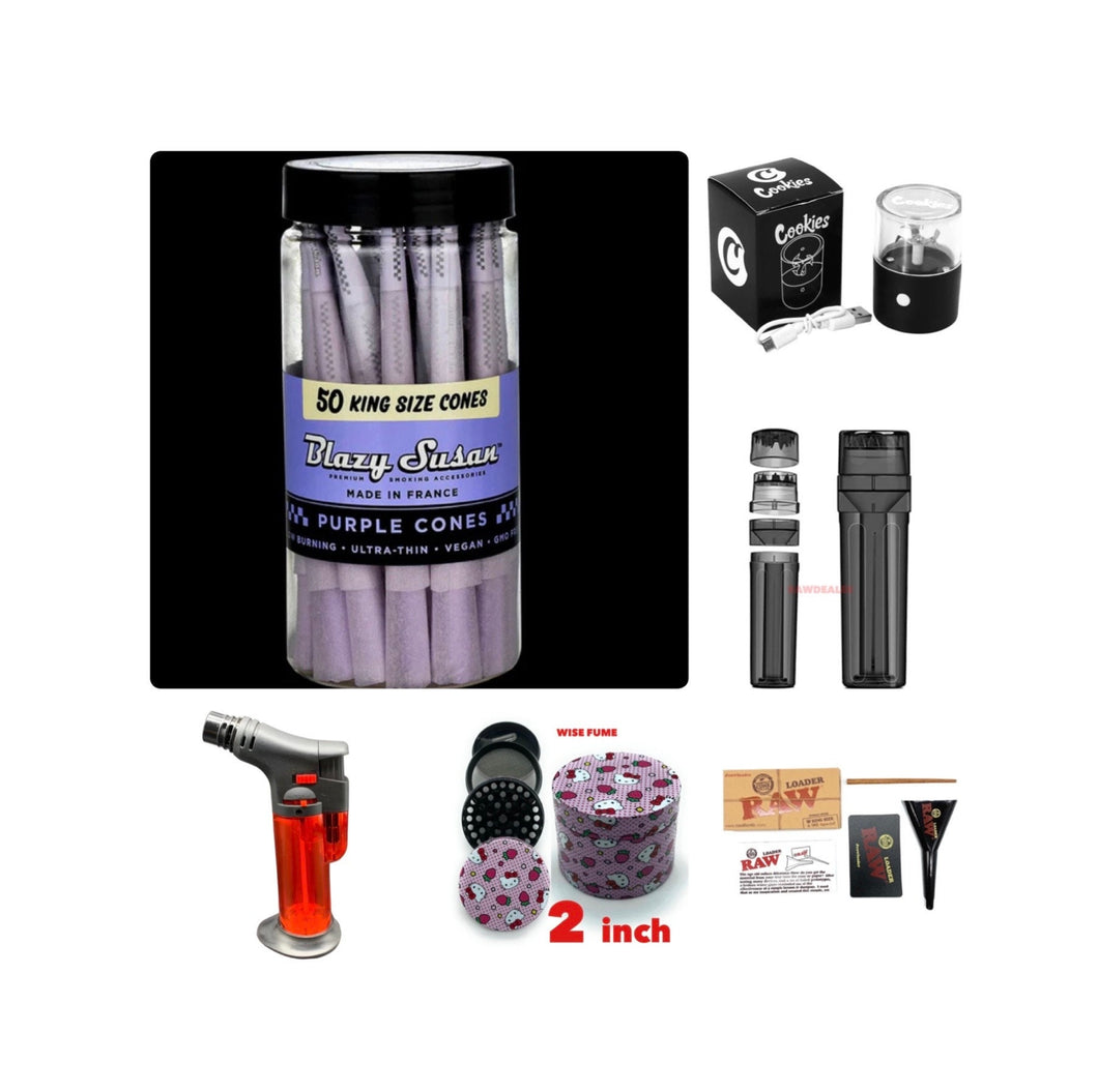 Blazy Susan PURPLE pre rolled cone king size 50ct jar | raw cone loader | kitty grinder | 3in1 grinder | torch | rechargeable  grinder